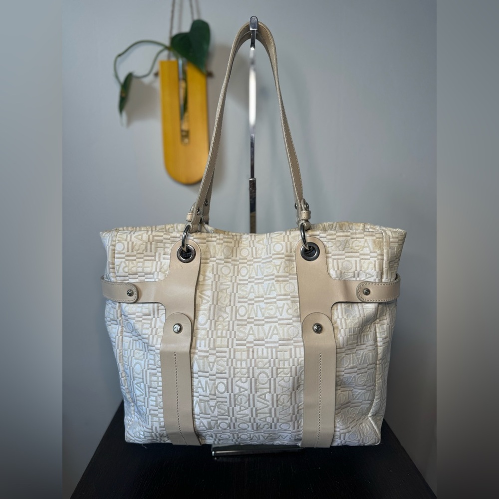 Salvatore Ferragamo Cream Leather-Trimmed Logo Jacquard Shoulder Bag